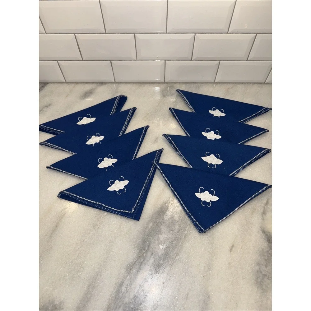 Vintage‎ Navy Blue Applaud White Flowers Napkins Set Of 8